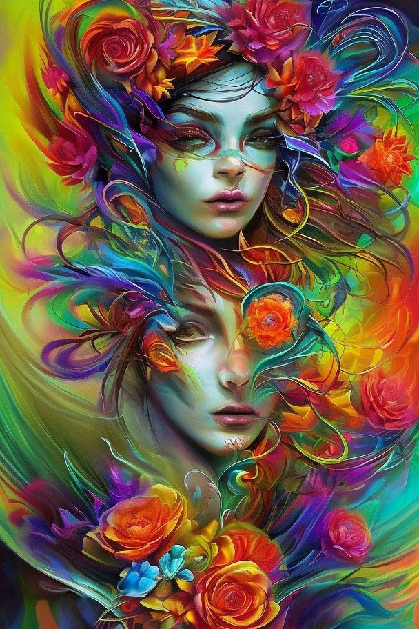 Generate a captivating digital artwork where a vivid explosion of images on a canvas bursts forth, weaving together elements of a woman, demons, tattoos, flowers, and stormy hues. Capture the essence of dynamic creativity in this abstract masterpiece."