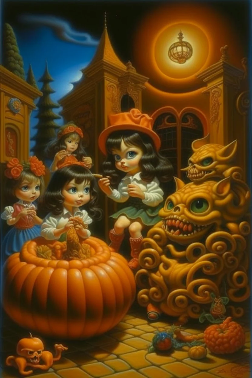 Lowbrow Surrealism trick or treater girls causing mischief by Todd Schorr