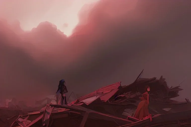  woman dying in rubble, red, dark, clouds, storm, painting