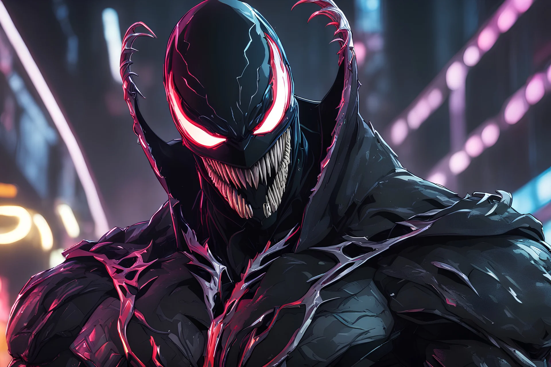 Venom Shredder in 8k solo leveling shadow artstyle, machine them, close picture, rain, neon lights, intricate details, highly detailed, high details, detailed portrait, masterpiece,ultra detailed, ultra quality