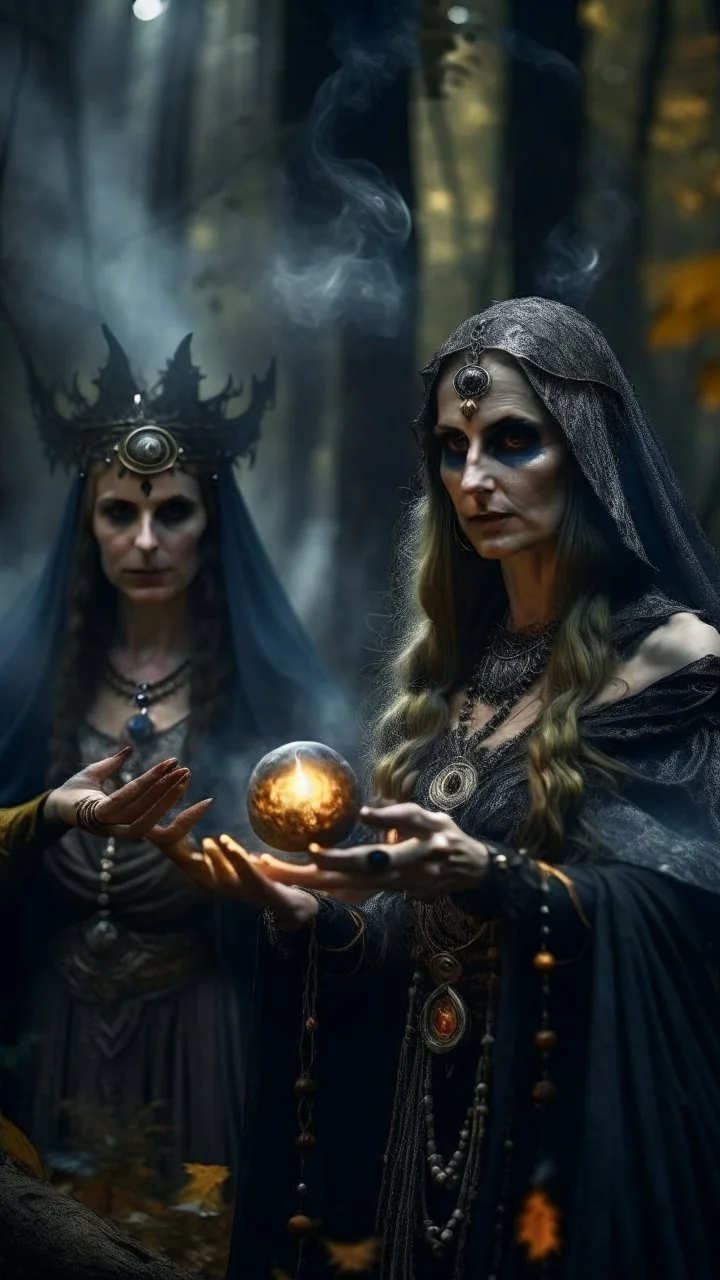 close up portrait of merciless medieval high priestess countess and her creepy sister in big eyed trance, metal gauntlets holding fire ball portal, full moon, swirly mist,autumn wind, performing arcane invocation ritual of smoke demon with immense power on luminous stone altar in dark forest grove, shot on Hasselblad h6d-400c, zeiss prime lens, bokeh like f/0.8, tilt-shift lens 8k, high detail, smooth render, down-light, unreal engine, prize winning