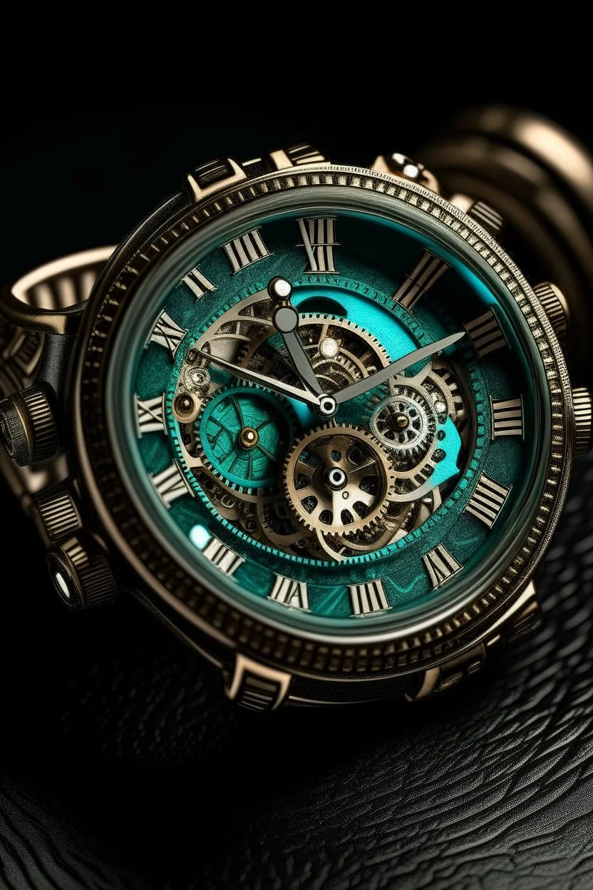Generate a high-resolution image of a vintage turquoise watch band elegantly wrapped around a cog-themed timepiece in a stable setting. Ensure the colors and textures evoke a sense of timeless stability and reliability."
