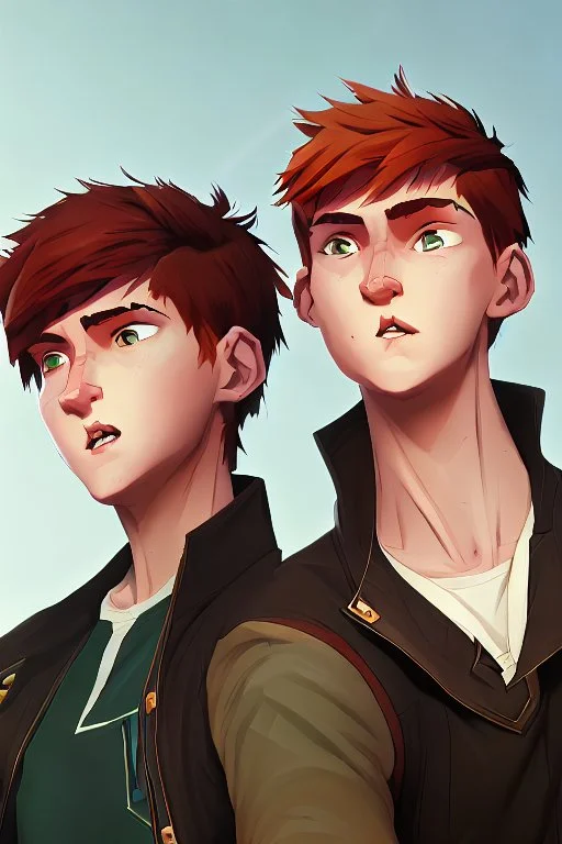 two teenage brothers, ginger hairs, one is slim, second chubby and lower, typical teenagers, white faces, green eyes, characteristic pose for book cover, white background, comic style