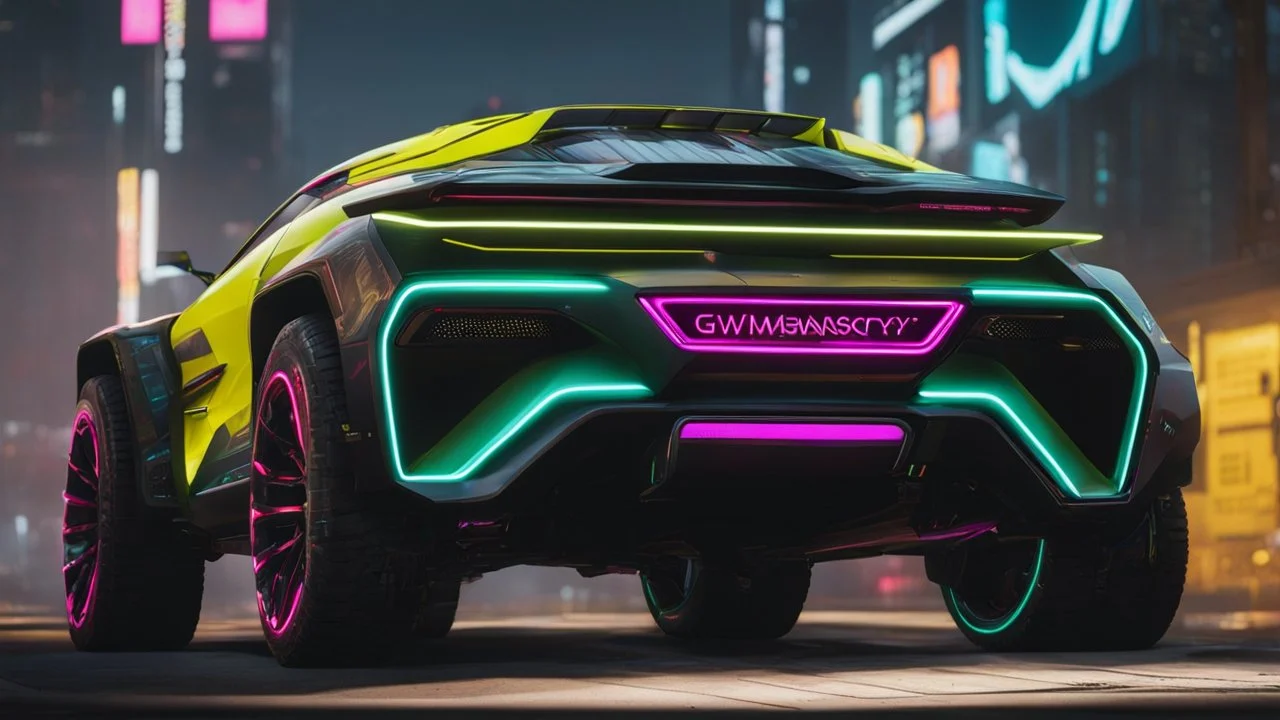 GWM Tank 300 Mansory Cyberpunk 2077 neon Style Rear View, Super Detailed, desktop wallpaper, 4K