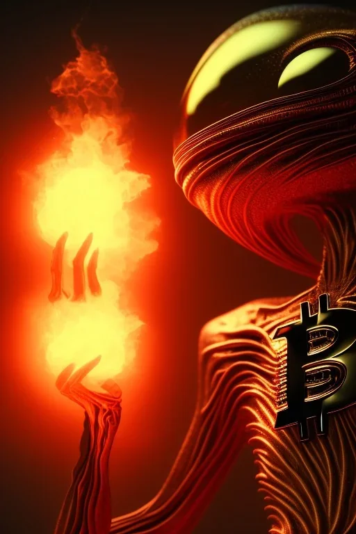 bitcoin alien, Fire theme art, Dark moody night atmosphere, , 8K, close-up face, anatomically perfect face