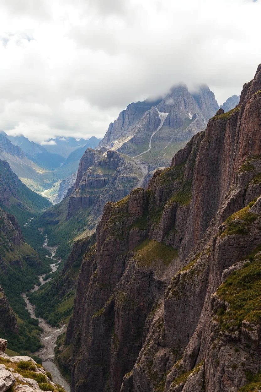 A stunning mountain landscape, mountain gorge, bright color palette, high detail, perfect by composition, gcinematic shot, intricate details, a cloudy stormy weather in the background