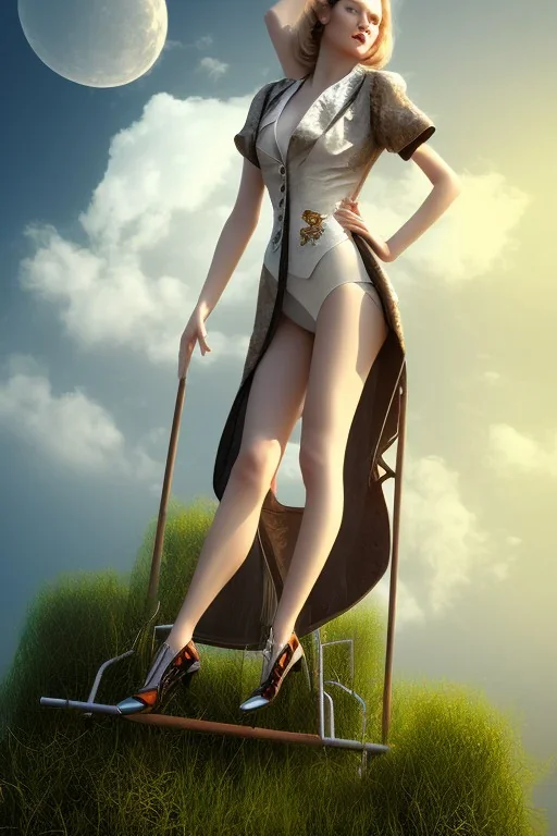 dressed woman on the ladder above clouds