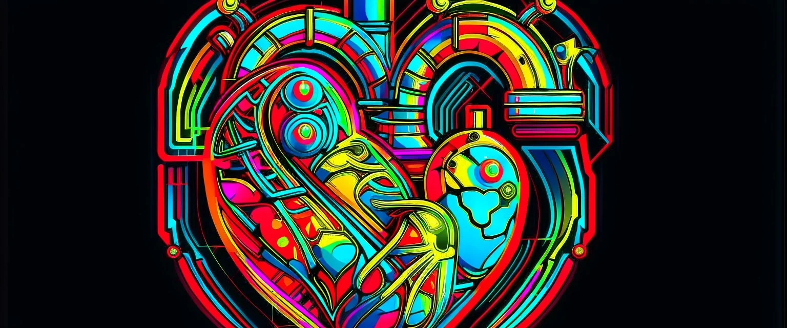 FLAT VECTOR LAYERED 2-D MULTICOLORED COMPLIMENTARY NEON MECHANICAL HUMAN HEART, METALLIC,