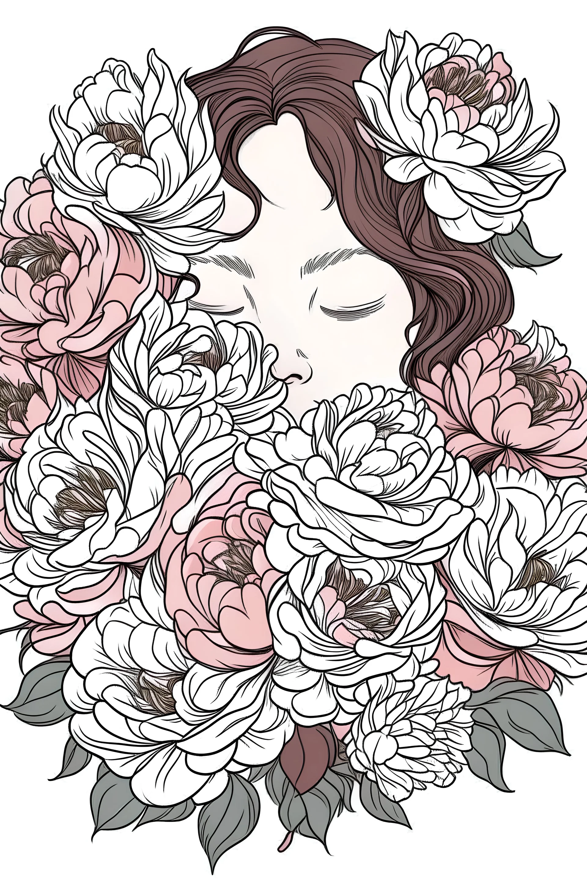 big beautiful bouquet of peonies all around her face, her eyes are closed and dreaming peacefully, only her face shows, her face fully covered by the bouquet of peonies, use black outline with a white background, clear outline, no shadows