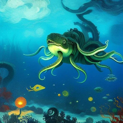 Kraken underwater by van Gogh 8k