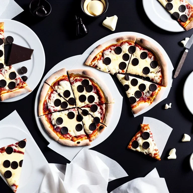 pizza with white chocolate, black chocolate, napkins, black table