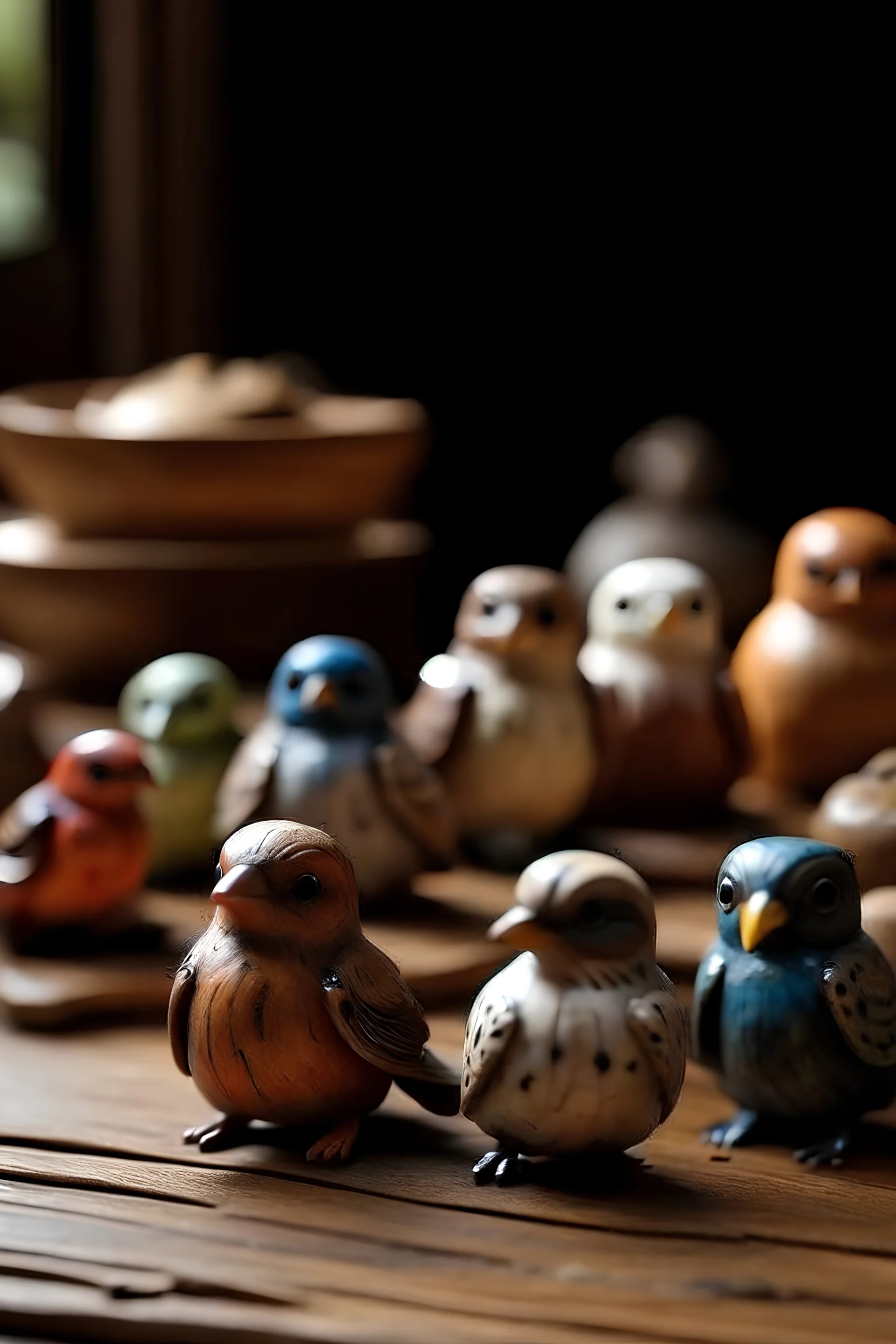 a collection of small cute bird figurines on a wooden surface