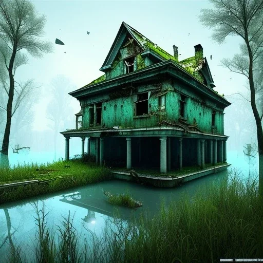 Abandoned house, overgrown, partially submerged,Interior, water inside