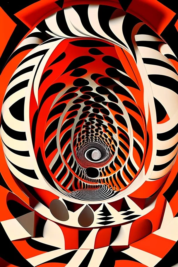 Voice bouncing around in a circular house of mirrors; Optical Art; M.C. Escher, black, white, and orange-red