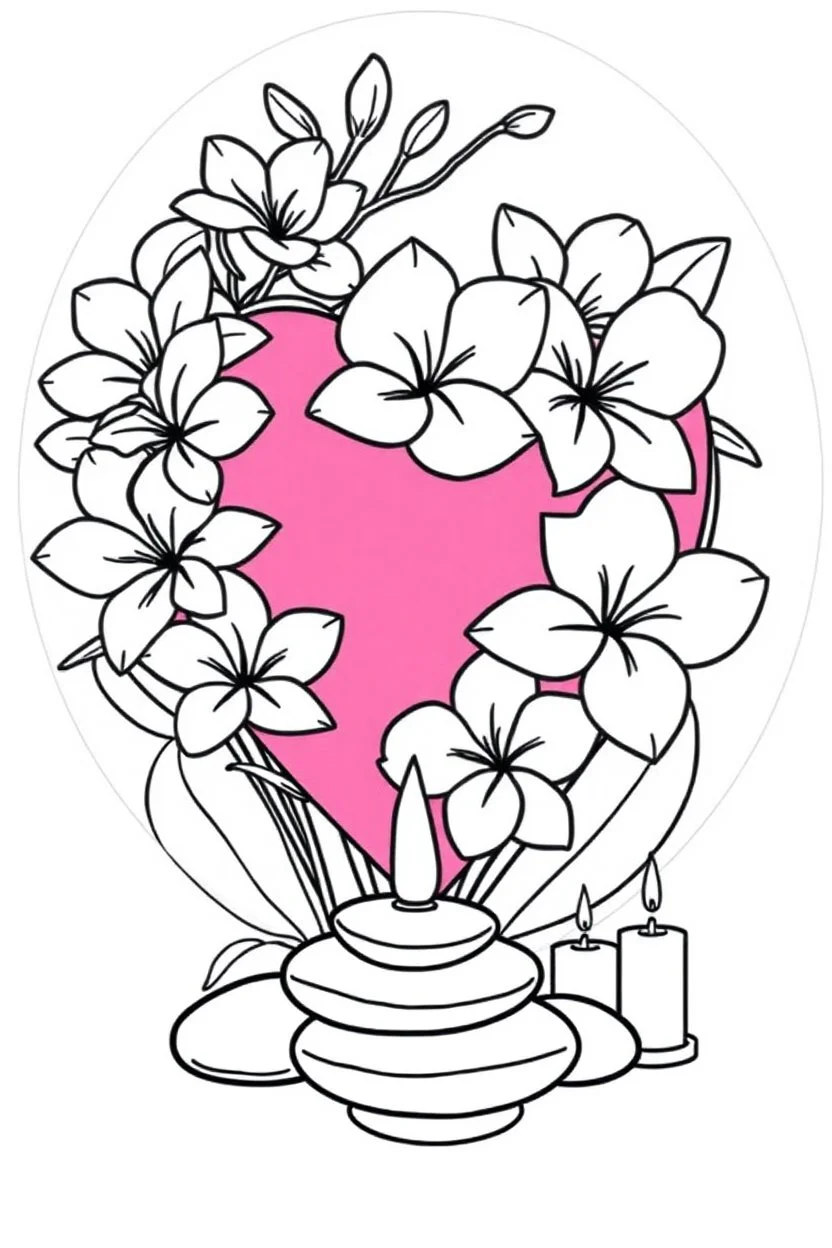 outline art for visually rich appealing heart in orchids plumeria rounded stones candles, ikebana style, coloring page for kids, white background, fit to page, only use outline, clean line art, no shadows, clear and well outlined
