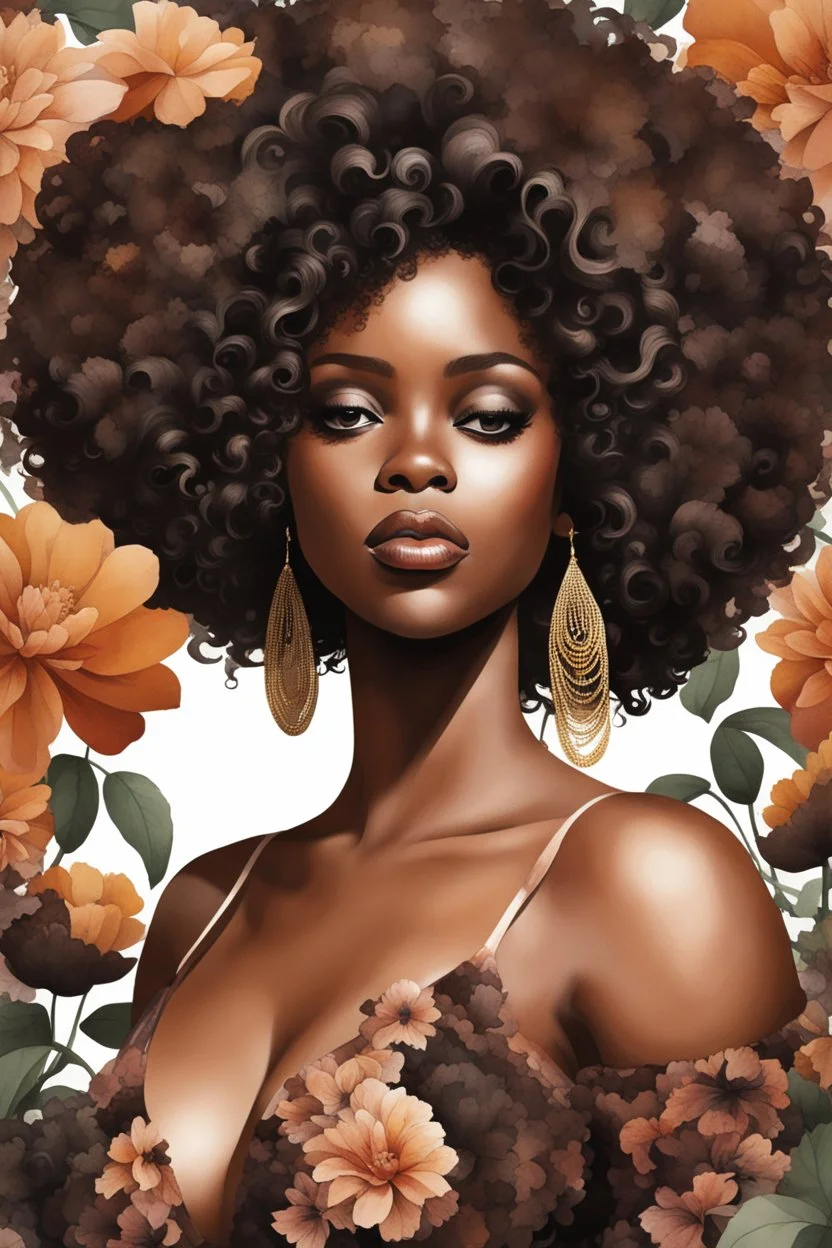 Create an watercolor image of a curvy black female wearing a brown off the shoudler blouse and she is looking down with Prominent makeup. Highly detailed tightly curly black afro. Background of large brown and black flowers surrounding her