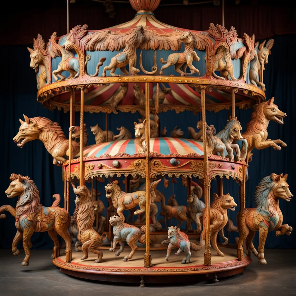 Antique circus carousel (merry go round) meticulously carved, with intricate details, showcasing a menagerie of life-size creatures moving in graceful rhythm, anatomically accurate mythological creatures like Griffins, unicorns with wings, along with large decorated rabnits, tigers, and black bears, hand painted with expressive, grotesque faces. fantastical creatures art style is flamboyant, magical, early 20th century, overexaggerated, realism, surrealistic atmosphere, grotesque, alive-like sc