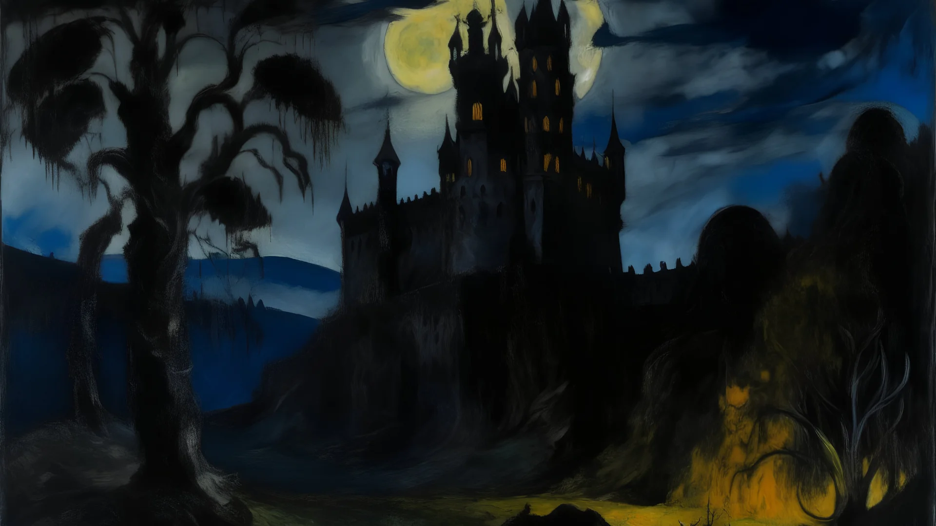 A black dark shadow castle in a nightmare realm painted by Claude Monet