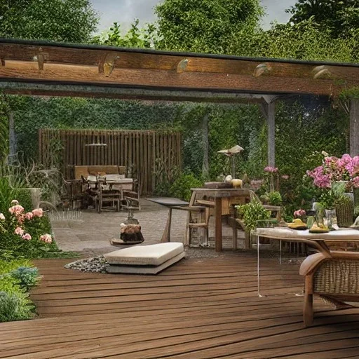 a gorgeous, stunning garden deck with rustic floor, wicker furniture, tranquil pool surrounded by smooth stones, multiple candles, plants, cozy, 8k resolution, high-quality, fine-detail, digital art, detailed matte, volumetric lighting, illustration, 3D octane render, brian froud, howard lyon, selina french, annie stokes, lisa parker, greg rutowski