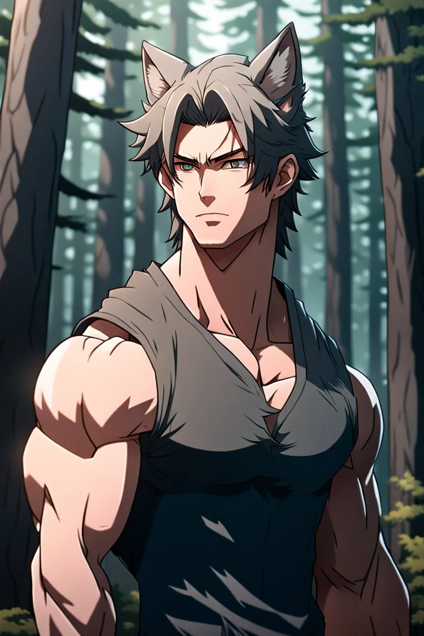 [Forest Backgroud] The handsome and perfect portrait is on the spruce land, anime, a casual and muscular male character with wolf ears and a feline tail in the forest, 8K resolution, high quality, ultra graphics, and detailed with lines.