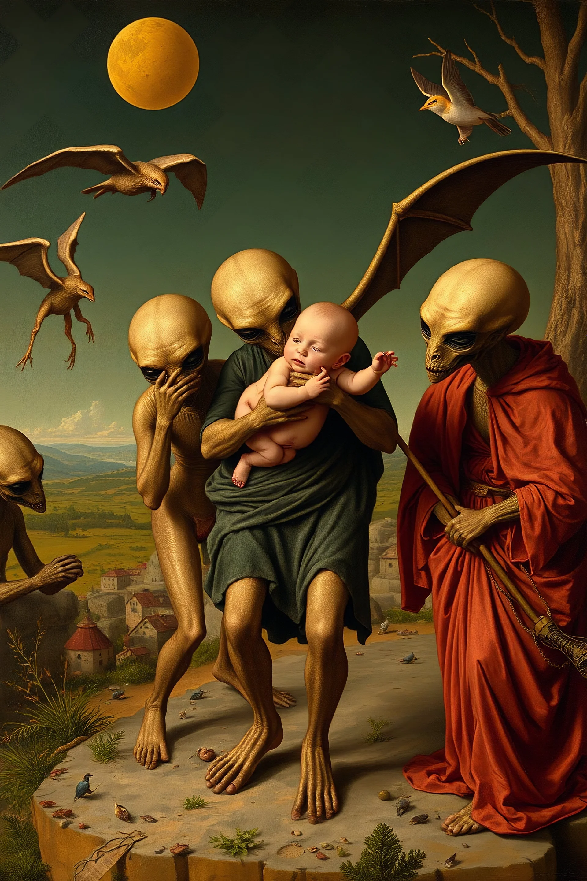 Hieronymus Bosch Style high quality picture in it aliens carrying a baby protecting him