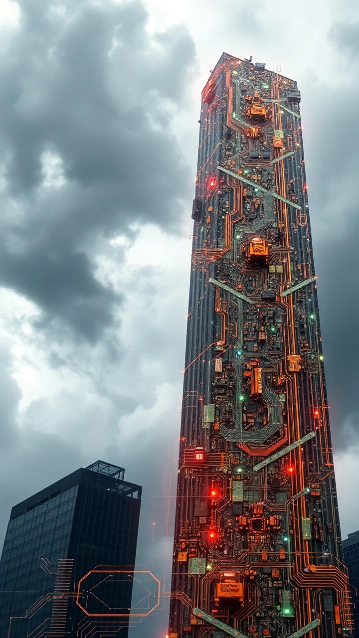 Synthography Art generated Of a high rise building with visual details of mechanical and electrical components and chips and components textures with gray clouds storm in the background