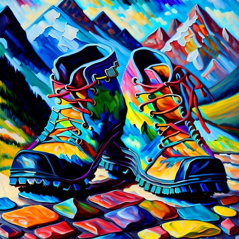 moutain shoes , art, oil colors, bright