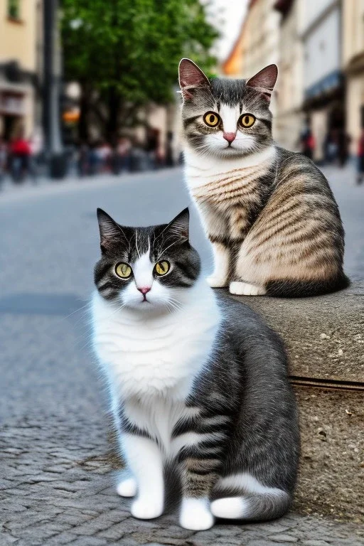 Small cat sitting in the foreground of street in Vienna Austria