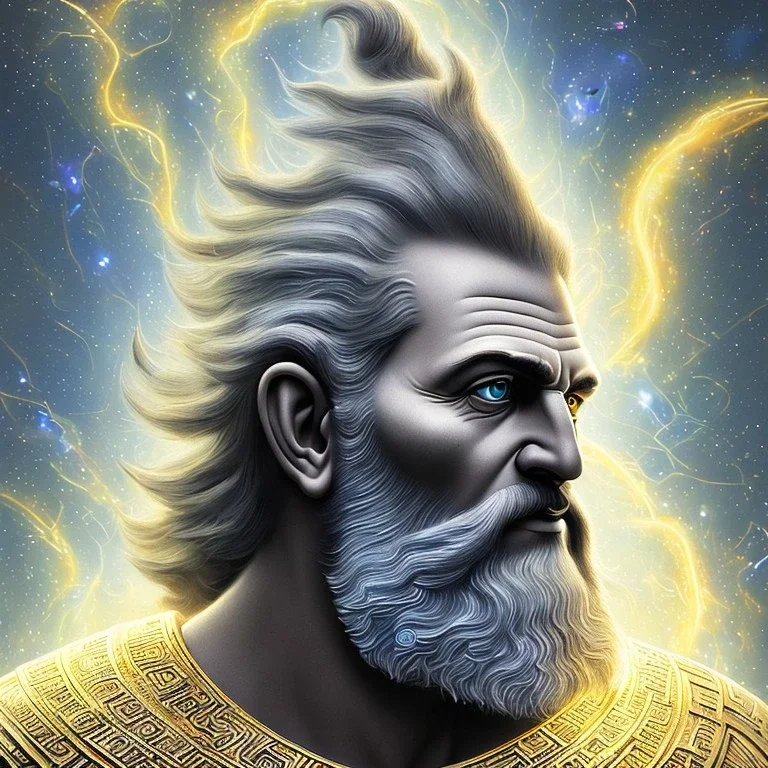 symetrical, centered, ultra detailed, digital art, in center is a portrait of highly detailed greek colossus god zeus surrounded by quantum galaxy codes seeking knowledge, gray hair and beard, detailed face with human skin color, eyes filled with galaxy, dominating colors = gray light blue and dark gold, lightning, smoke,