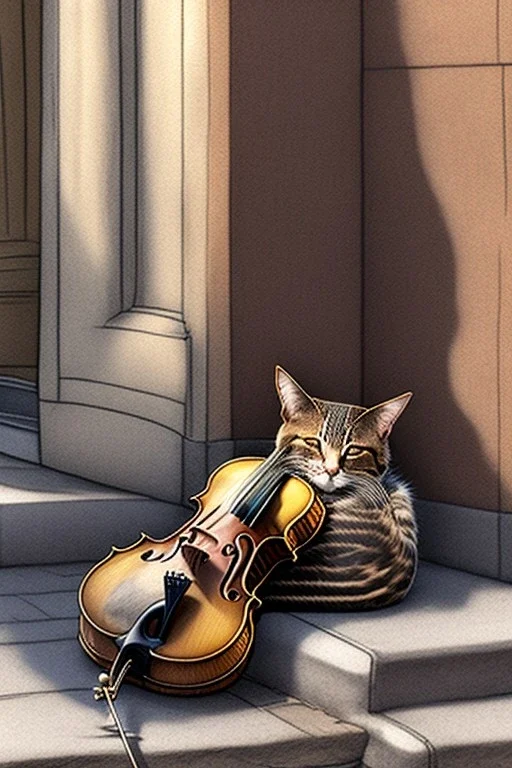 One single mature homeless cat sleeping in a corner on the street, violin case, Vienna, mourning, model style, hyper realistic, extremely accurate, delicate, extremely detailed, Graphic novel style, wide-angle, open aperture, superfine pencil