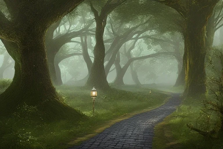 wooded forest cobblestone path lantern