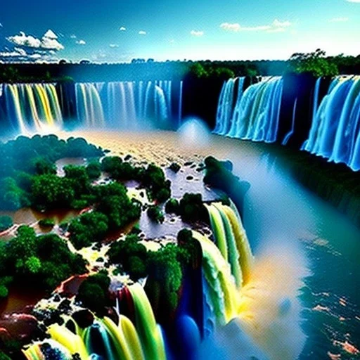 Iguazu Falls, Argentina and Brazil,aerial view,cloudy,extremely detailed digital painting, high resolution,8k, realistic, beautiful, volumetric lighting, mystical colors ,perfectly centered image, perfect composition, rim light, beautiful lighting,masterpiece, stunning scene, raytracing, anatomically correct, in the style Van Gogh and robert e howard and Ken Kelley and Ohrai Noriyoshi and Simon Bisley and tomzj1.