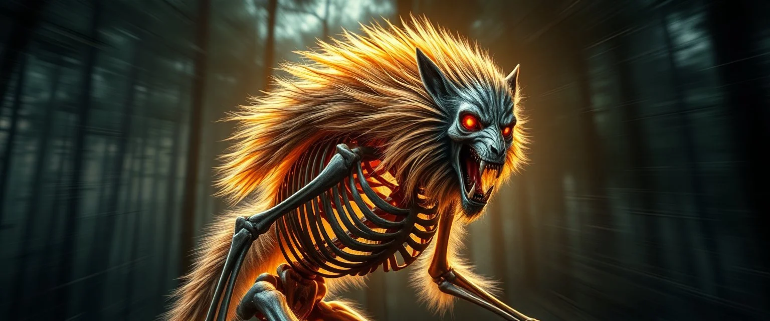 radiant Werewolf Skeleton with lotsa fluffy fur, motion blur background dark forest