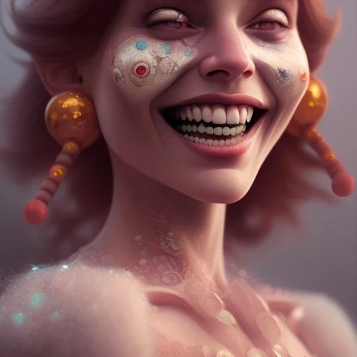 Ultra detailed very beautiful smileing clown girl,beautiful real skin, red nose, symmetrical, ultra detailed curl hair, soft lighting, ultra detailed face, concept art, digital painting, looking into camera, octane render, art by artstation