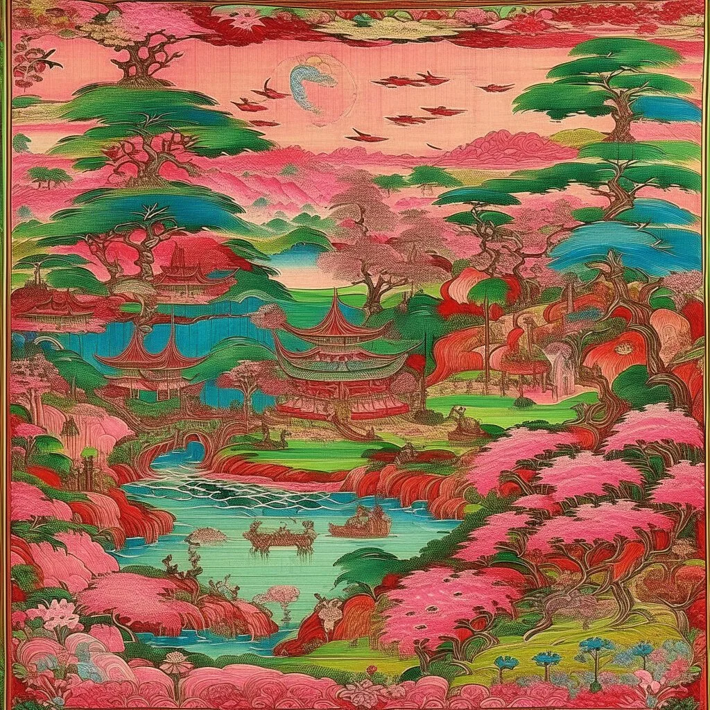 A pink magical realm with rune spells designed in medieval tapestry painted by Utagawa Hiroshige