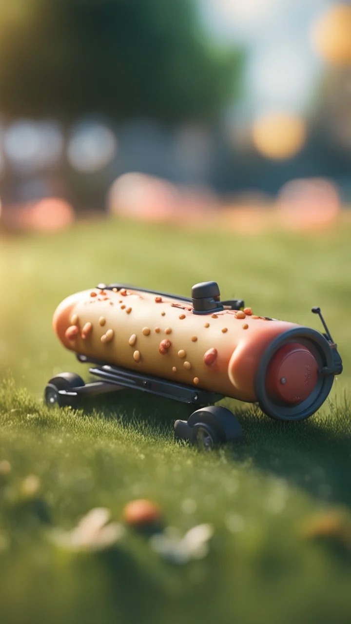 manual lawnmower that looks like a hot dog, bokeh like f/0.8, tilt-shift lens 8k, high detail, smooth render, down-light, unreal engine, prize winning