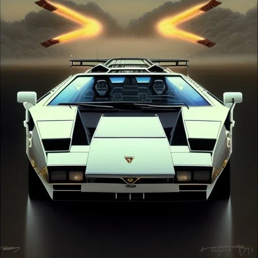 hyperrealism Drawing of 'Lamborghini Countach' three quarter frontal aerial view, by gaston bussiere, greg rutkowski, yoji shinkawa, yoshitaka amano, tsutomu nihei, donato giancola, tim hildebrandt,oil on canvas, cinematic composition,Sharp detail,extreme detail,fit full head inside picture,16k