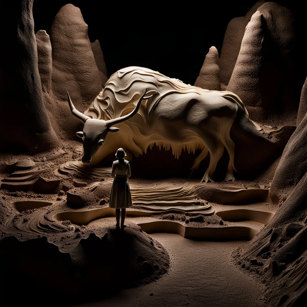 Close-up photograph of creepy landscape made of cake-frosting, steep spiers in the background, indefinite organic subjects, vegetal figures, which have become a petrified homogeneous whole, a structure where numerous figures are incorporated, including a decomposed bull. Volumetric light. In the center a female figure, standing and with her back turned, between a dark pillar and a man with the head of a bird. Blue sky. 33mm photography, intricate, Max Ernst style, blender 3d.