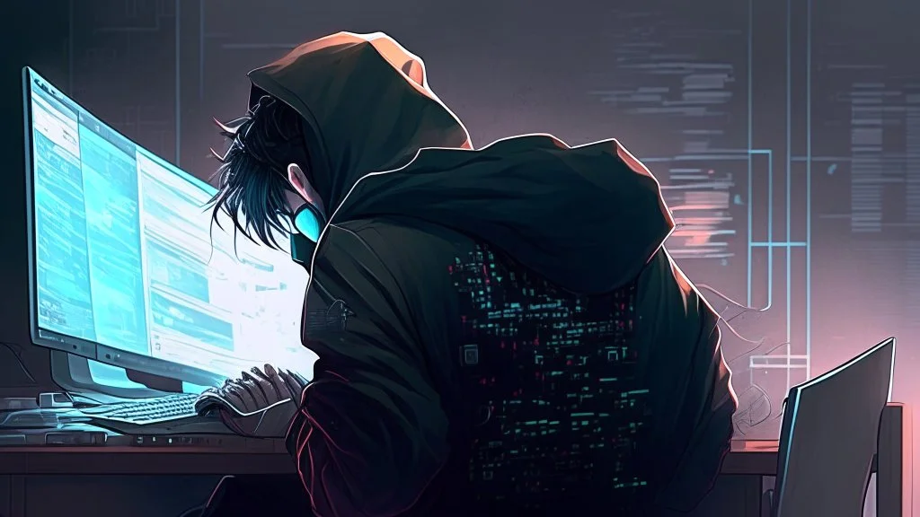 picture of a hero hacker at work from behind in the style of realistic anime