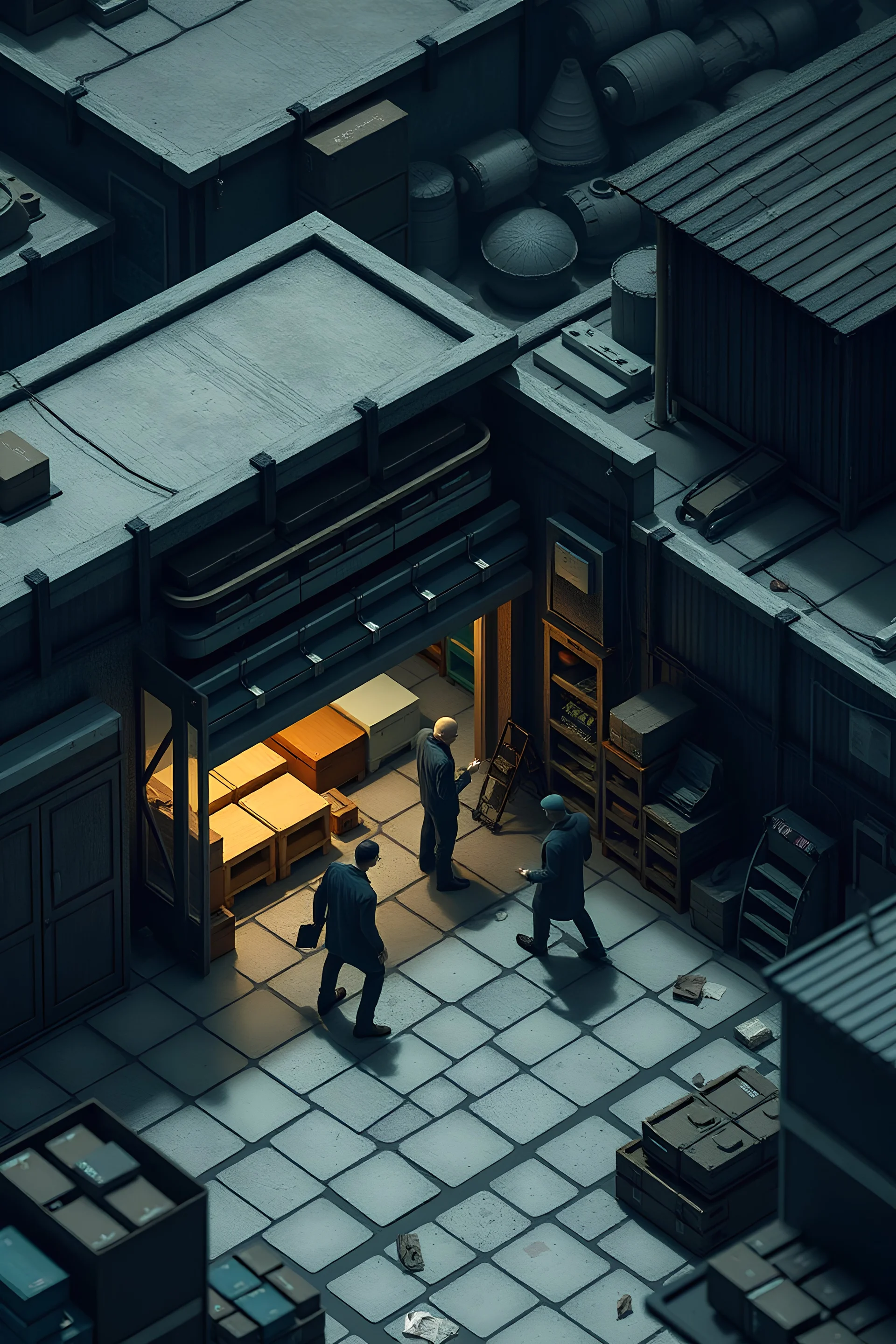 isometric diorama of 5 agents entering a warehouse in a shady harbour neighbourhood