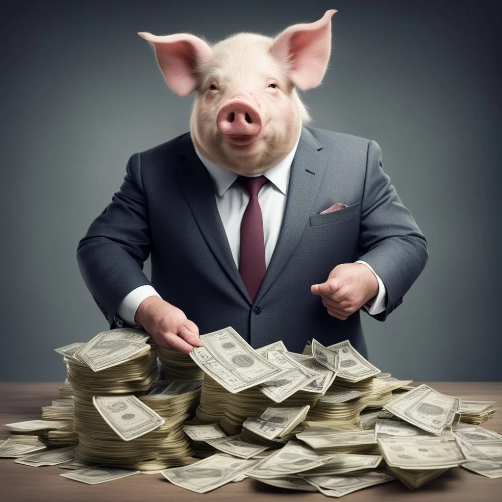 pig in suit making stacks of money by making a deal with a buisnessman