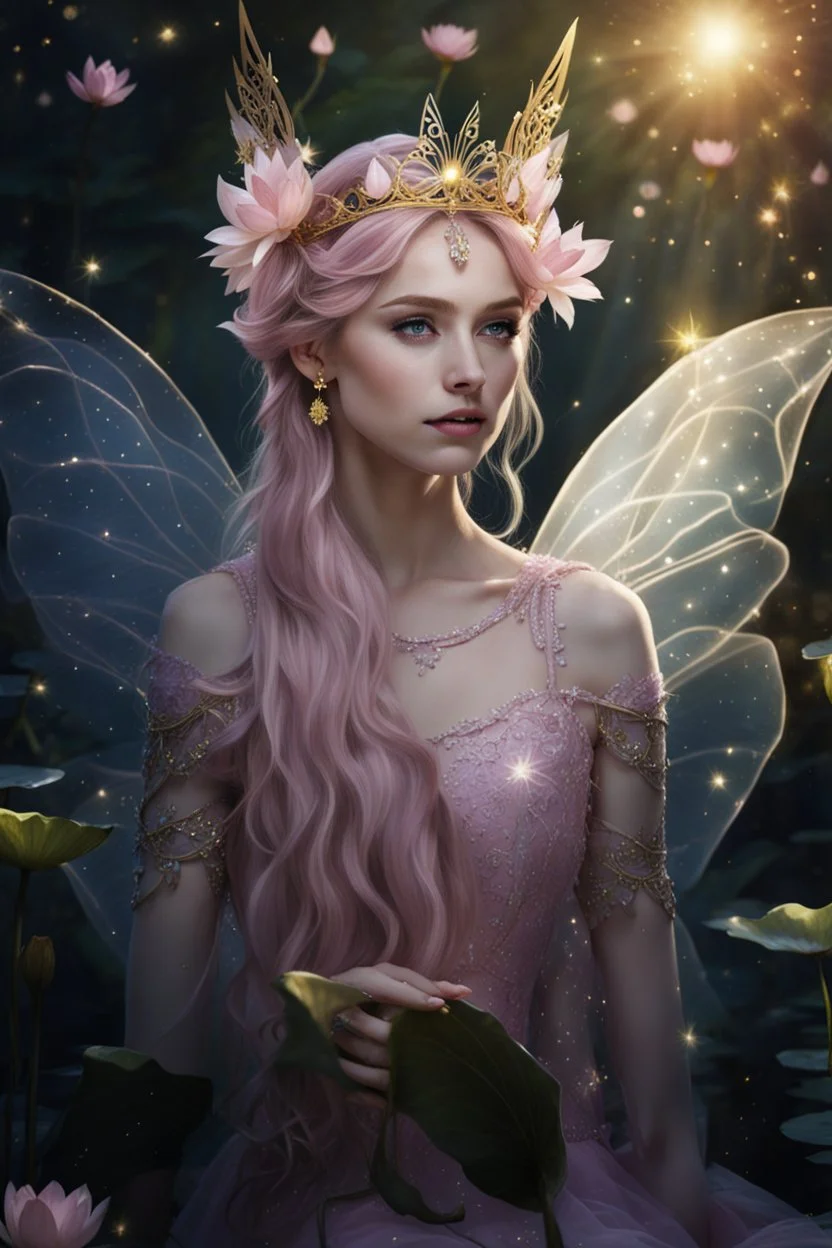 Pink dress,Sparkling fairy wings,Very long golden hair,Fairy crown,pointed ears,elven ears,fairy wings,water lilies,sparkling,glittering,flowers,blossoms,golden crown,light pink dress