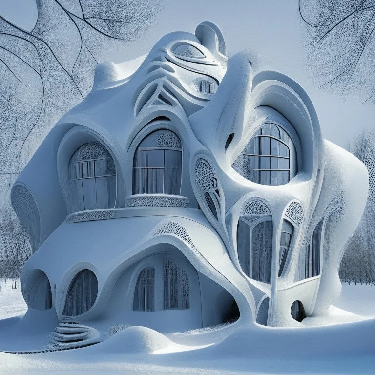 a house that is covered in snow, in the style of art nouveau organic forms, vray tracing, chromatic sculptural slabs, dark white and gray, melting, landscape fantasies, danube school