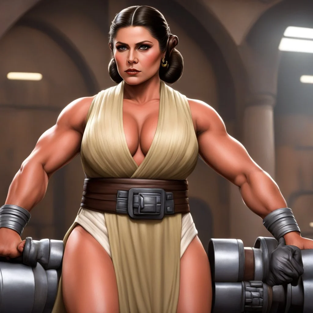 over muscular Princess Leia in her iconic Jabba's servant outfit with gigantic biceps with veins in the training room