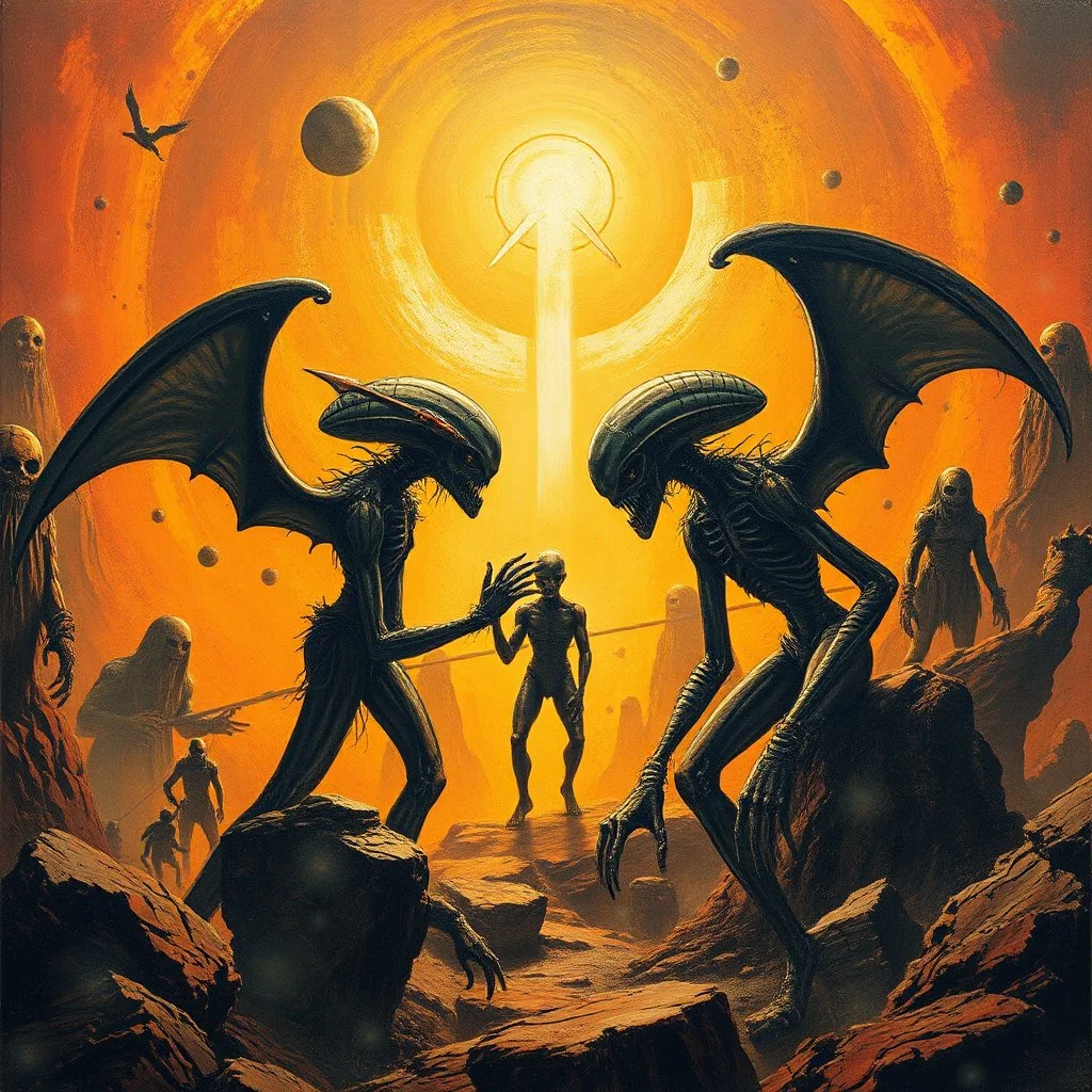 a high definition screen shot of a ancient alien comic book cover detailing the creatures found on other worlds, retrofuturistic, phototrealism, Macabre Rapture End of days Revelation scene, isanely detailed matte oil painting, sinner apotheosis,diagonal composition, unbalanced, abstract surreal horror, eerie, scary warm colors, Eldritch, JonKnockTurnal 2999 ufo, bilaterally