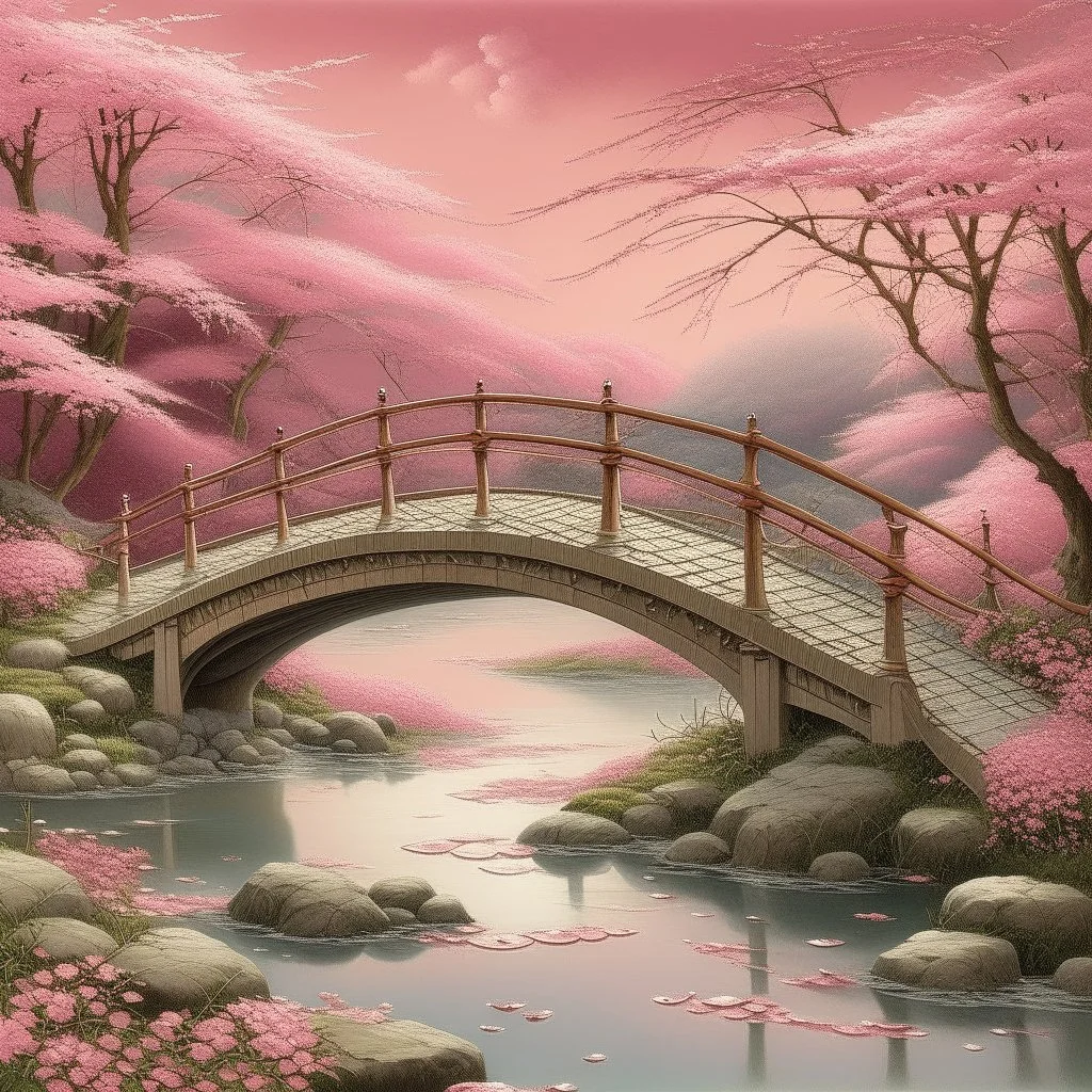 A light pink bridge with mystical clocks painted by Frank Wilson