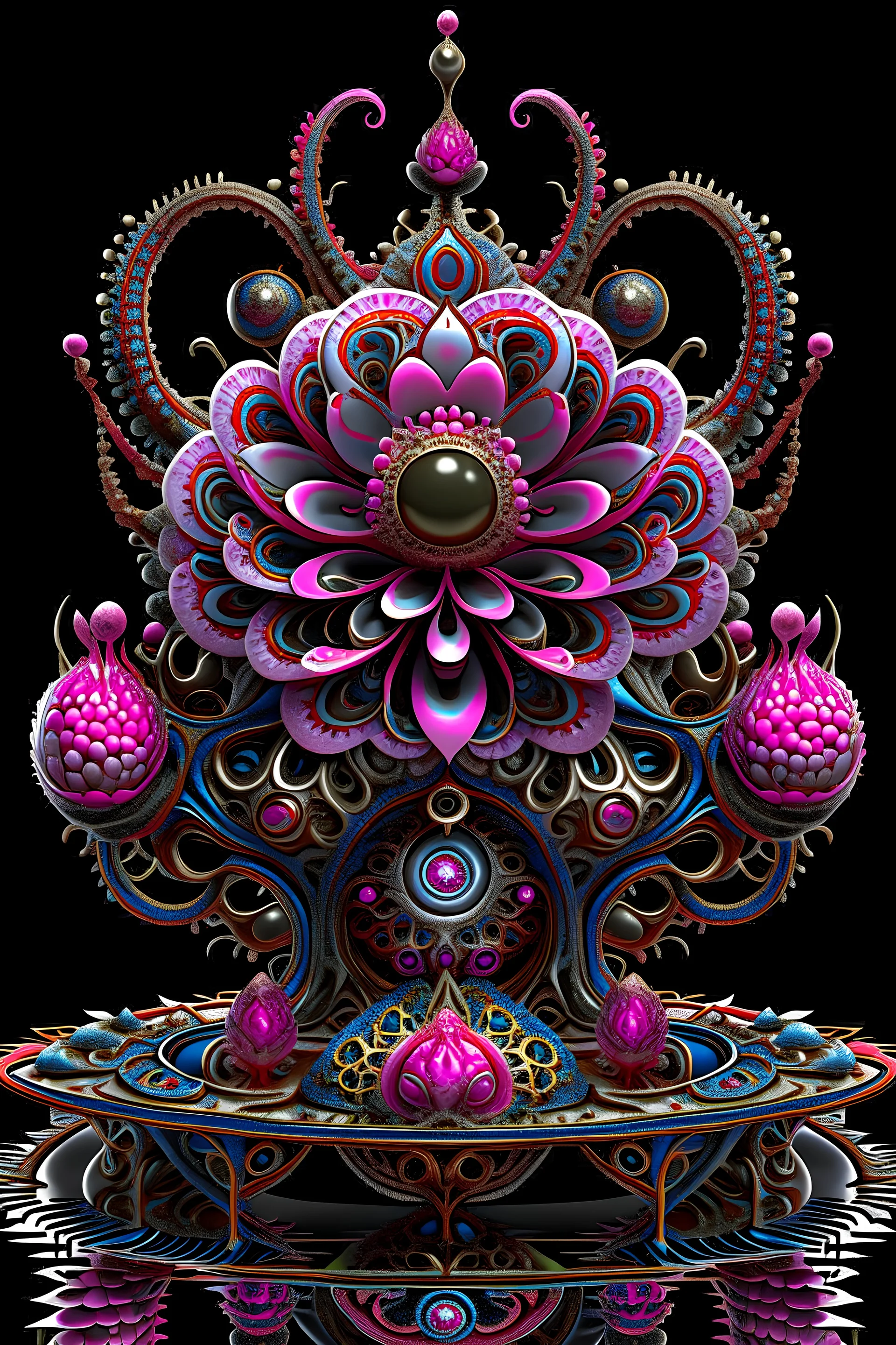 Expressively detailed and intricate 3d rendering of a hyperrealistic “steampunk lotus flower”: front view, symetric, dripping colorful paint, tribalism, pillar, gothic, shamanism, cosmic fractals, dystopian, dendritic, stylized fantasy art by Kris Kuksi, mati klarwein, artstation: award-winning: professional portrait: atmospheric: commanding: fantastical: clarity: 16k: ultra quality: striking: brilliance: stunning colors: amazing depth: masterfully crafted.