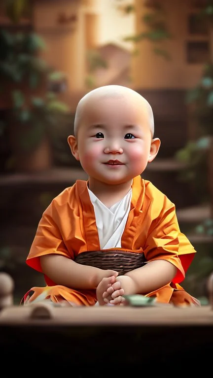 A 3-year-old monk boy with round cheeks, sitting, looking at the camera, monk costume, cute and cute, masterpiece, high quality, highly detailed.