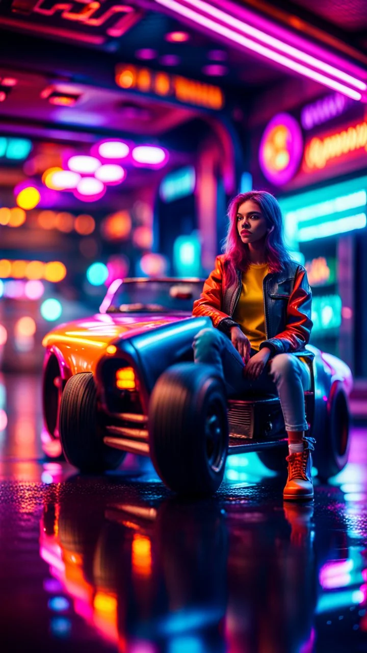 fast fashion wolf and dragster woman sitting on a hipster car parked in dark neon lit reflective wet arcade hall tunnel,bokeh like f/0.8, tilt-shift lens 8k, high detail, smooth render, down-light, unreal engine, prize winning