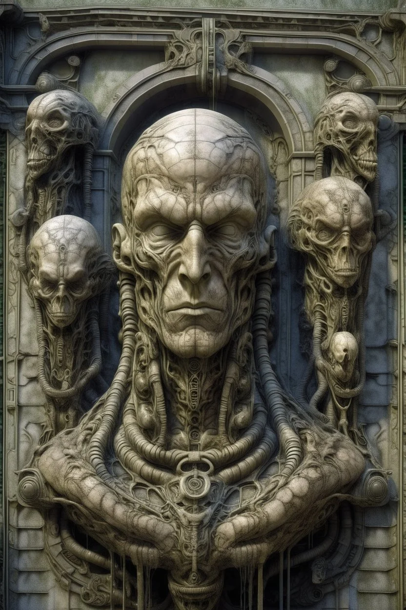 sculpture of one man and a snake , front view , Multiple faces . decayed and rotting with grotesque proportions and imagery. abstract grotesqueries, detailed texture, surreal horror, biomechanical design, by hr giger and beksinski